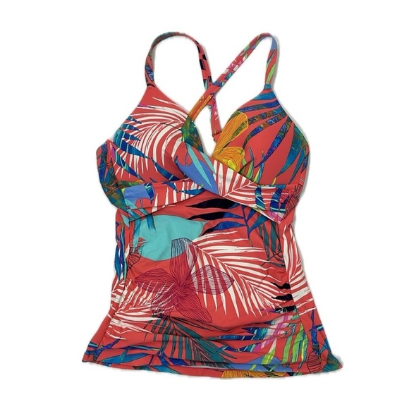 Apt 9 Tropical Leaf Coral Multi Criss Cross Surplice Tankini Swim Top Size S - Picture 1 of 8